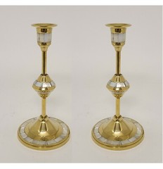 Candle Holder Brass Mother of Pearl Inlay Round 4″Dia 8″High Set of 2