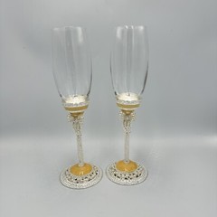 Things Remembered Bride & Groom Wedding Champagne Flute Glasses Set Bows Peals