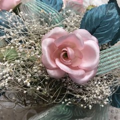 Vintage Shabby Chic Heart Wedding Bouquet Lace Green Ribbon & Pink Roses Wrist