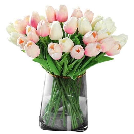 20pcs White Faux Tulips Flowers Fake Flowers Bouquets 13.5″ White and Pink