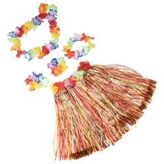 Kids Hawaiian Hula Grass Skirt Beach Dress Lei Flower Headband Girls Costume HOT