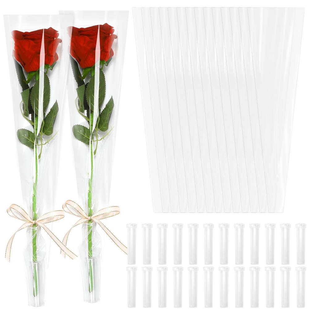AUGSUN 120 PCS Flower Bags for Bouquets Single Rose Sleeve Transparent Plastic F