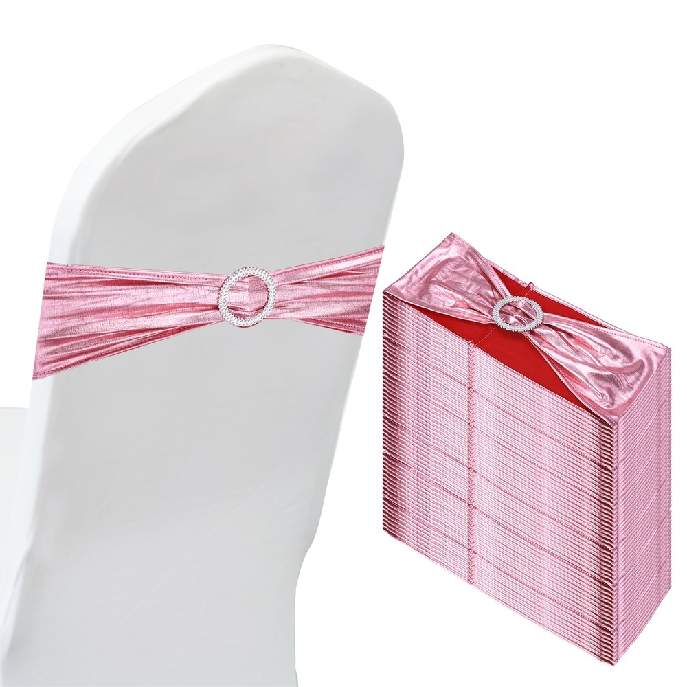 50Pcs 14″x5″ Stretch Chair Sashes Bows Chair Bands Sash with Buckle, Rose Pink