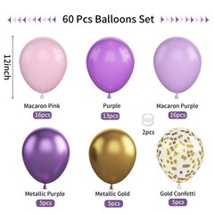 Pink and Purple Balloons, 60Pcs Pastel 12 Inch 12 inches,