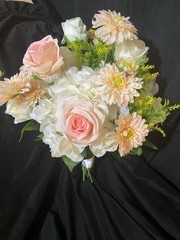 White, Pink And Champagne Pink Wedding Bouquet With Matching Boutonnière.
