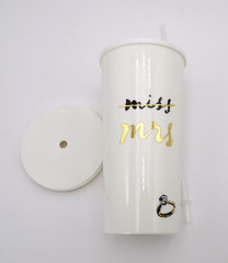 Kate Spade New York Miss to Mrs Tumbler Cup Cream Gold with Straw