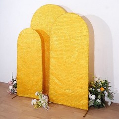 3 GOLD Metallic Tinsel Round Top Arch Polyester STAND COVERS Set Party Events