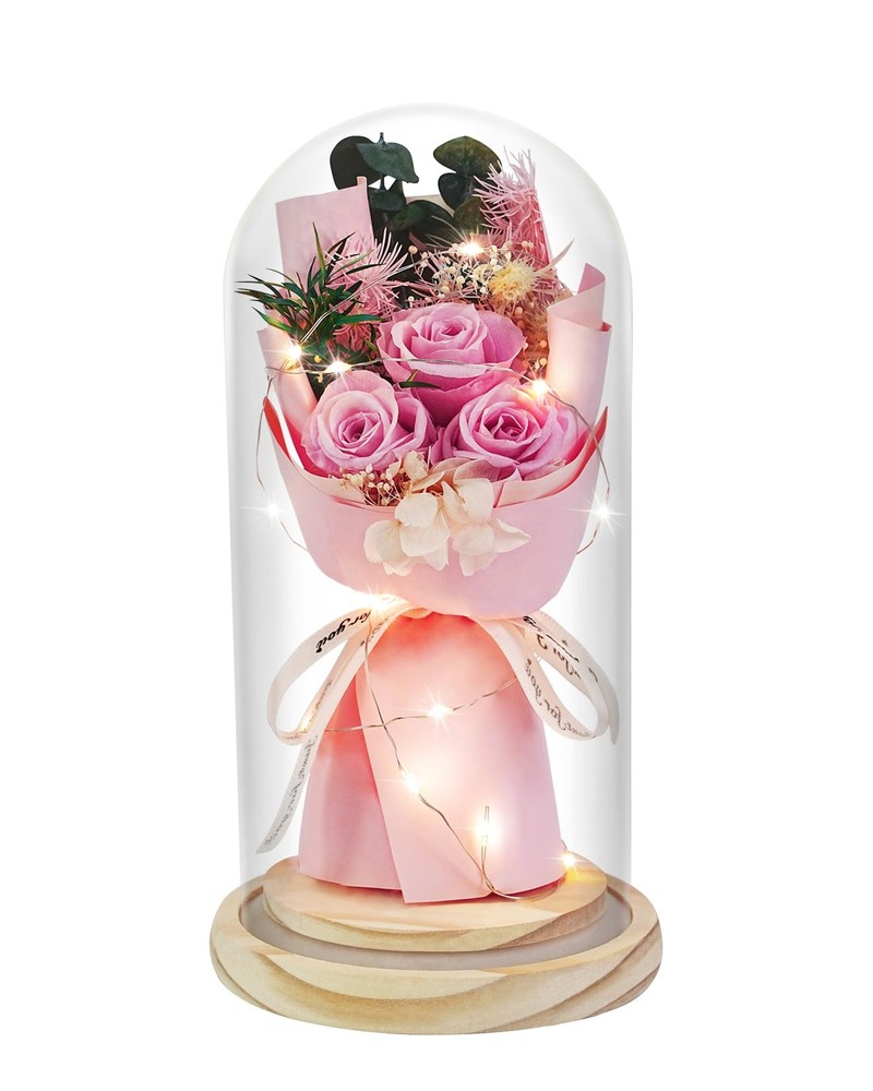 HVY Preserved Flowers Gifts for Her,Preserved Rose Bouquet in Glass Pink