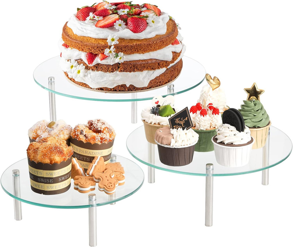 3 Pcs Tempered Glass Cupcake Stands, 9,11,12.6 Inch round Food Display Stand Cle