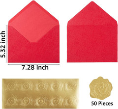 50 Pieces A7 Envelopes 5X7 with Gold Stickers, Rose, Red | Vines Flower Texture