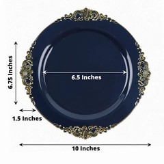 10 NAVY BLUE GOLD 10″ Round Plastic Salad Dinner PLATES Embossed Baroque Rim
