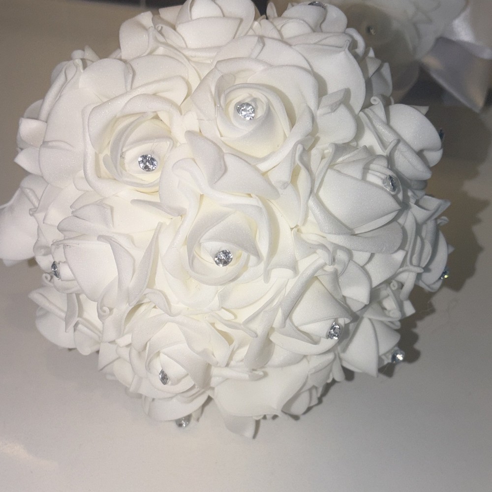 Artificial White Rose Wedding Bouquet 9in w/ Satin Ribbon Handle & Rhinestones