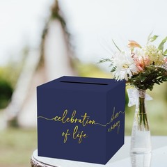 Navy Blue Celebration of Life Card Box with Gold Lettering, Share a Memory Funer