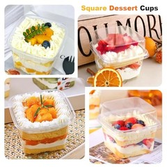 YOIYINI 25Pcs 8oz Mini Square Clear Dessert Cups with Lids and Spoons,Plastic