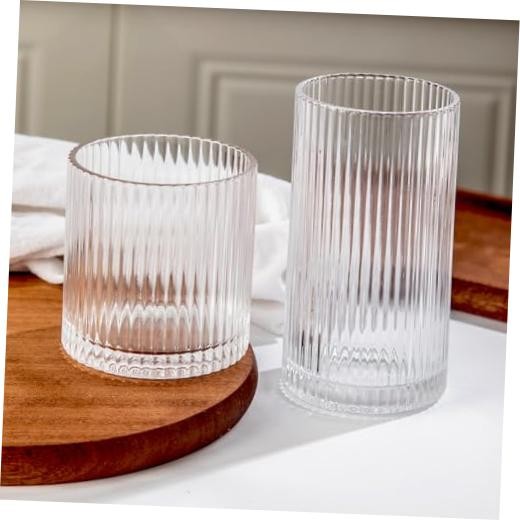 Ribbed Drinking Glasses 8pcs, 12oz and 10oz Glassware, Tumbler 8PCS- Clear