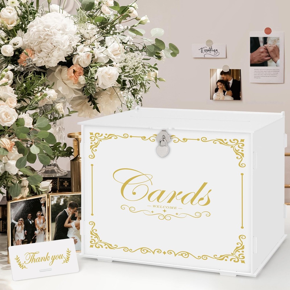 White Wedding Gift Card Box Lock Slot Acrylic Money Cash Holder Reception