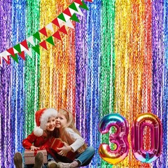 CYLMFC 3 Pack Rainbow Foil Curtains – 3.3×6.6ft Metallic Streamers Tinsel Cur…