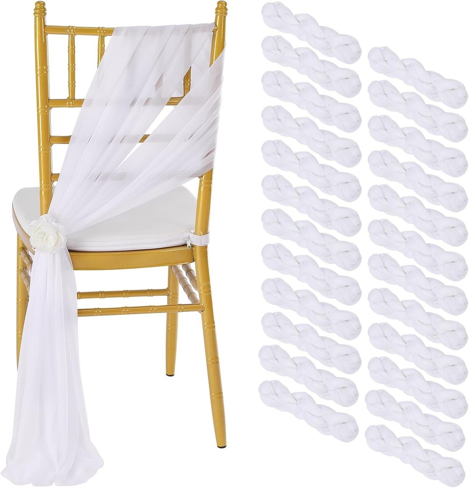 24-Pack White Wedding Chair Sashes Tulle Sheer 8ft Long 10in Wide Party Banquet