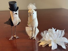 Vintage Bird Bride & Groom Wedding Cake Toppers + Silk Corsage – Custom Made!