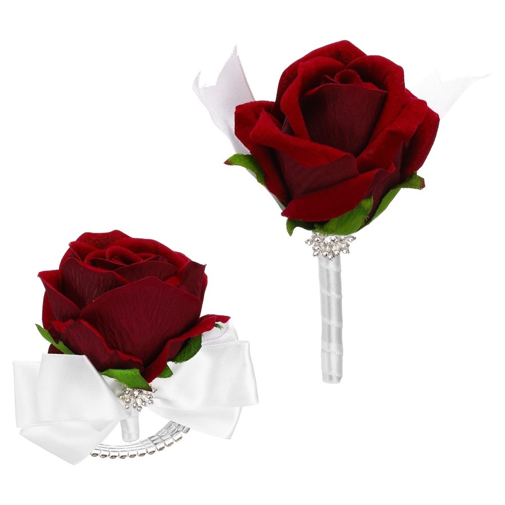 2Pcs Wrist Corsage Boutonnieres Set with White Ribbon, Wine Red