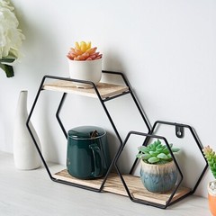 BLACK NATURAL 2 Tier Hexagon Metal Wood Geometric Floating Shelf Decorations