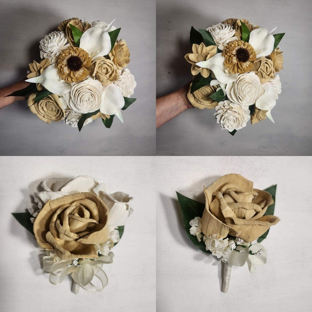 Champagne Beige Ivory Rose Calla Lily Sola Bridal Wedding Bouquet Accessories