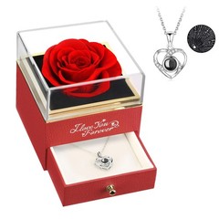 ASELFAD Preserved Real 5.31 x 4.25 x 4.13 inches, A1_red Rose_silver Necklace