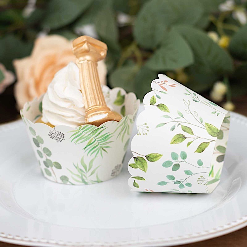 25 WHITE GREEN Eucalyptus Leaves Print Cupcake Liners Muffin WRAPPERS Events