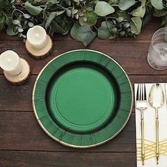 25 HUNTER GREEN 10″ Metallic Round Paper DINNER LATES Textured Rim Decorations