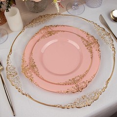 10 DUSTY ROSE GOLD 8″ Round Plastic Salad Dinner PLATES Embossed Baroque Rim