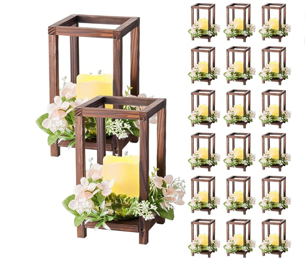 20 Set/60 Pcs Wooden Wedding Lantern Centerpiece – Dark Brown (Pre-Built)