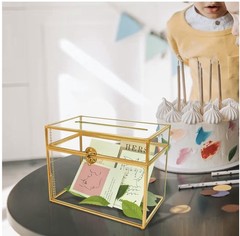 Gold Glass Wedding Card Box Envelope Holder w/ Slot & Feet Party Centerpiece