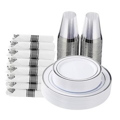 175 Piece Plastic Dinnerware Set for 25 Guests, Silver 175 Piece (25 guests)