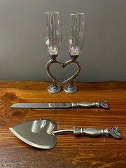 Fellowship Foundry Celtic Knots Hearts Pewter Glasses & Cake Server Wedding Set