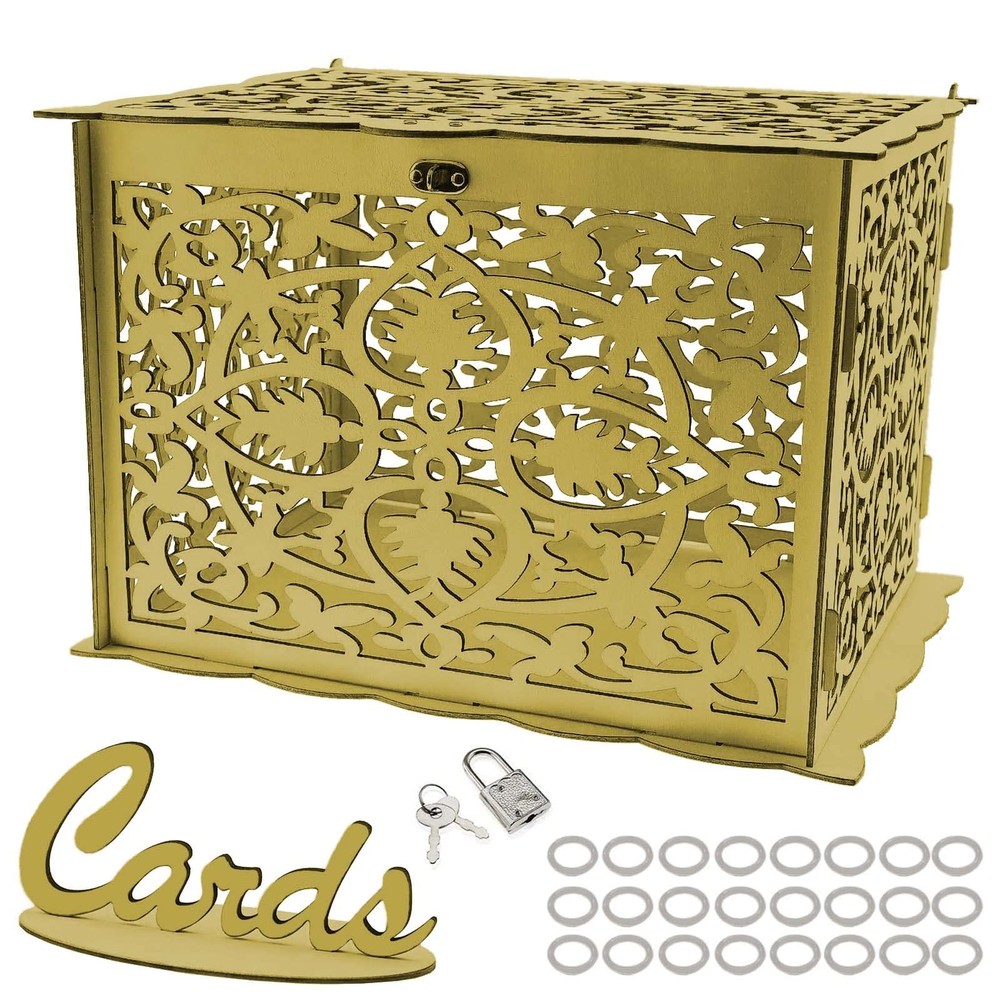 Golden Wooden Wedding Card Hollow Gift Box with Lock for Receptions Showers