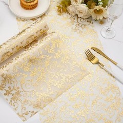 2 PCS Table Runner, Glitter Metallic Printed Rattan White Gold Table Gold White