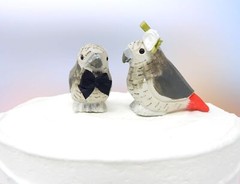 Gray African Parrot Cake Top Bride Groom Love Bird Wedding Carved Wood Statue