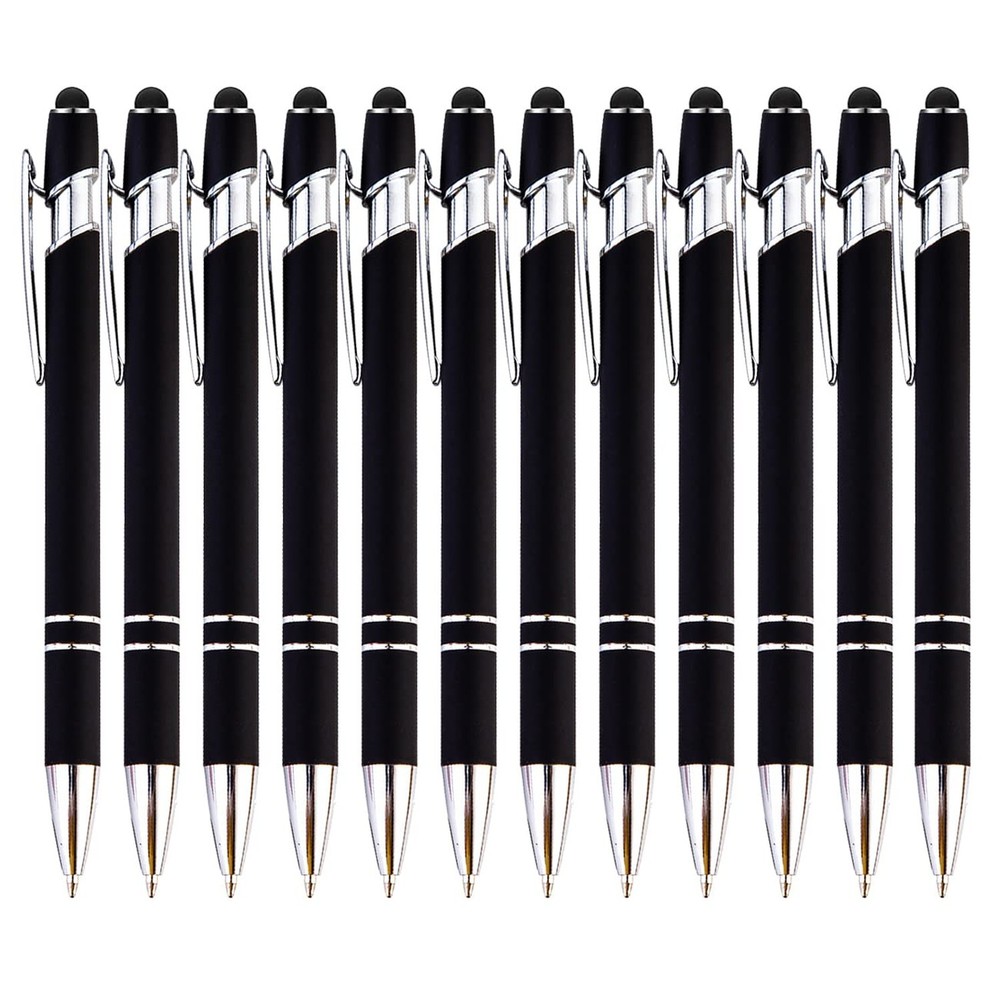 PASISIBICK 12-Piece Black Ballpoint Pen with Stylus Tip, 2 in 1 Stylish Metal…