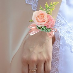 2Pcs Artificial Corsage Wristlet Flower Wrist Prom Corsage Champagne