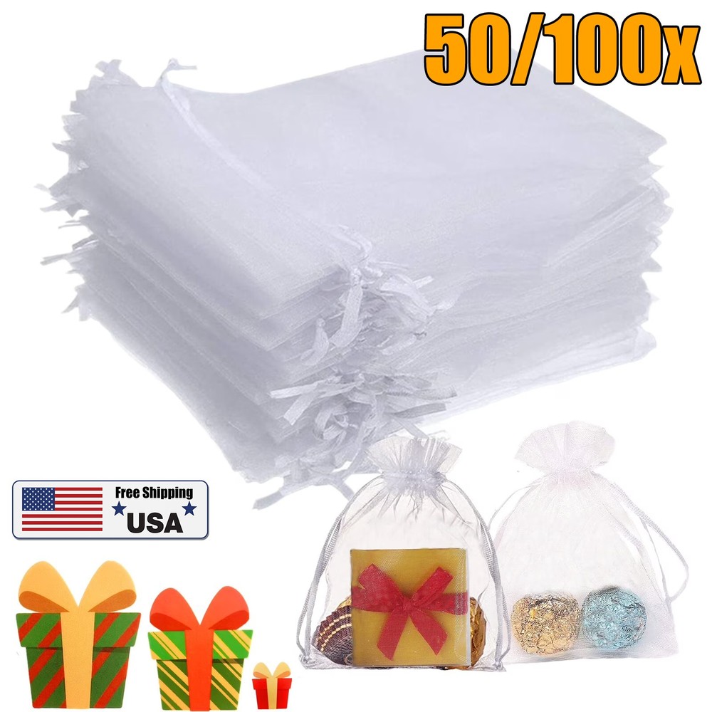 100PCS Premium Sheer Organza Bags, White Wedding Favor Bags with Drawstring USA