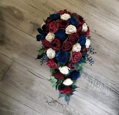 Burgundy Navy Blue White Cascade Bridal Bouquet Sola Wood Wedding Flowers