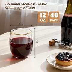 40 Pack 12oz Plastic Stemless Wine Glasses wihth Disposable 40-Pack Gold Rim