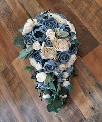 Dusty Blue & White Cascading Bridal Bouquet Made of Sola Wood Wedding Flowers