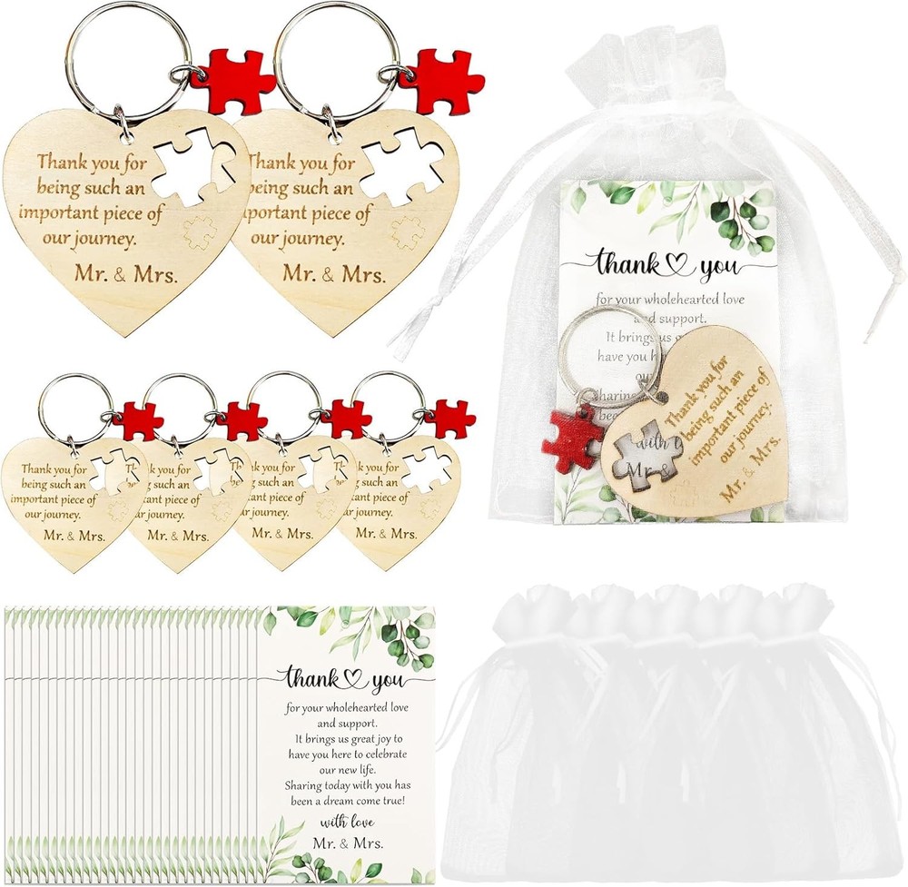 50 Sets Wedding Favors for Guests Bulk Wood Heart Puzzle Keychains, Wedding