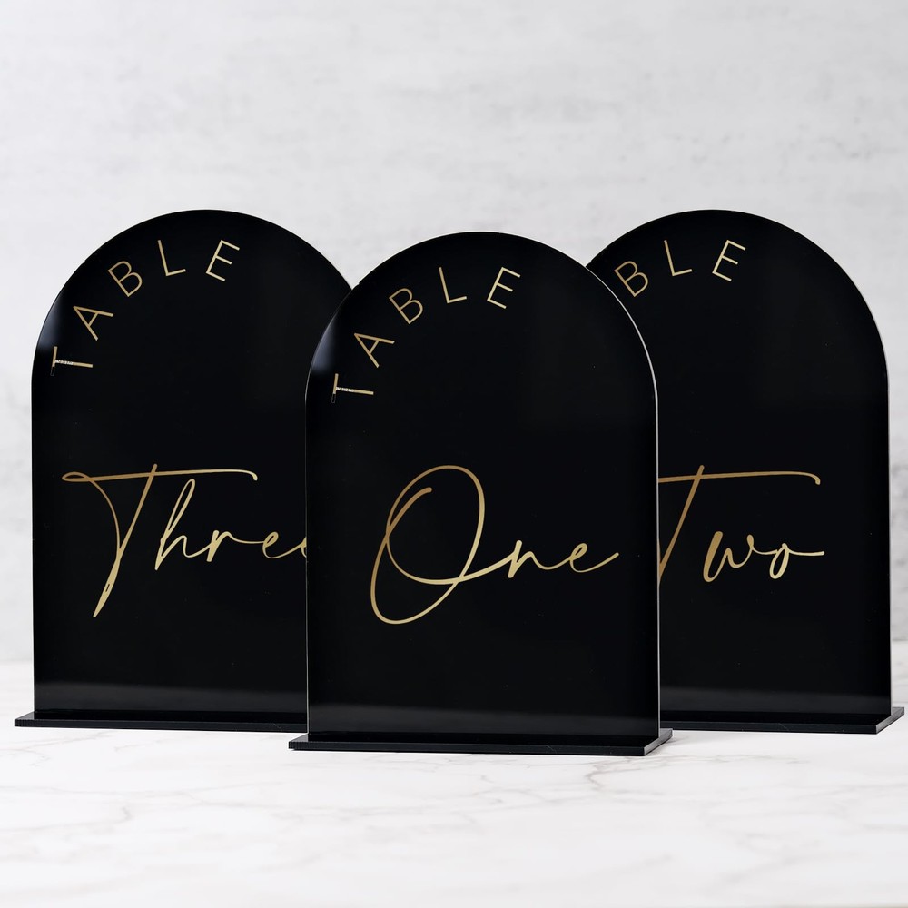 10 PCS 5×7 Inch Black Arch Wedding Table Numbers 1-10 with Stands Gold Font