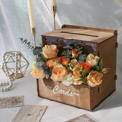 Wooden Wedding Card Box with Flower Trough, Brown Gift Card Box for Wedding w…