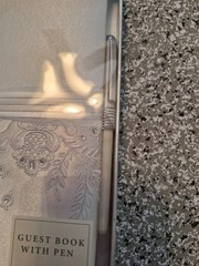 Elegant Silver Satin Hallmark Guest Book with pen. Embroidered Lace Rhinestone