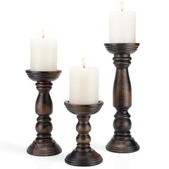 Farmhouse Wooden Candle Holders for Pillar Candles Set of 3, Vintage Brown