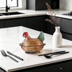 Glass Candy Dish with Lid, Chicken Silhouette, Vintage Rooster Decor Bowl, Snack