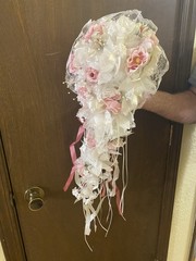 Cascading Bridal Bouquet with Pink & Roses (lg 33 inches) (sm 24 inches)